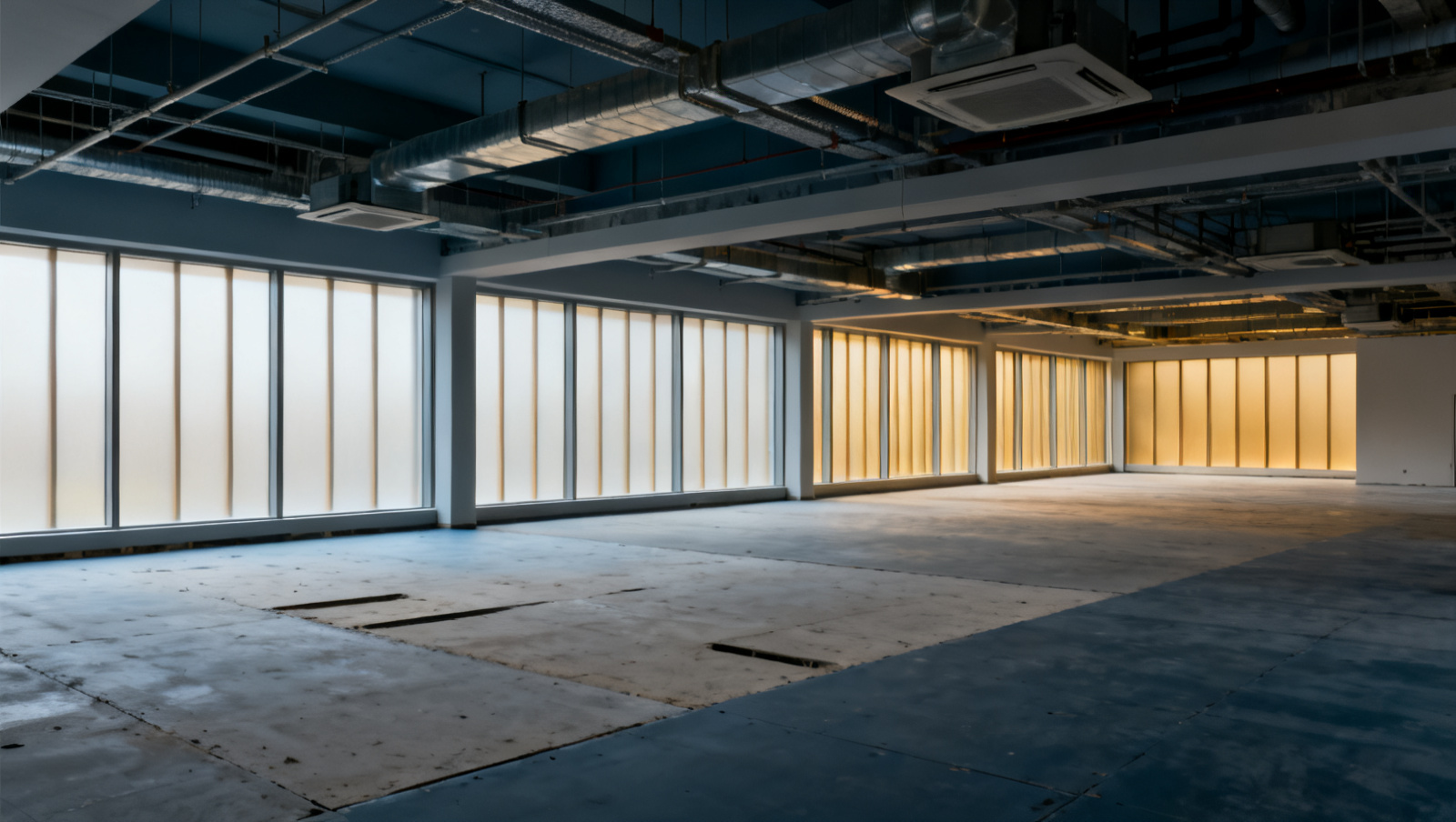 An empty modern British office floor with natural light and exposed services overhead