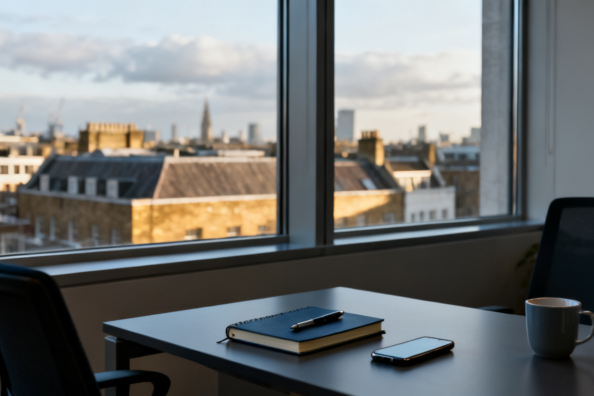 A desk by a window in an office with a notebook and phone, London rooftops beyond