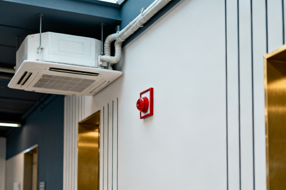 An air conditioning cassette, conduit and a fire alarm sounder on a commercial ceiling