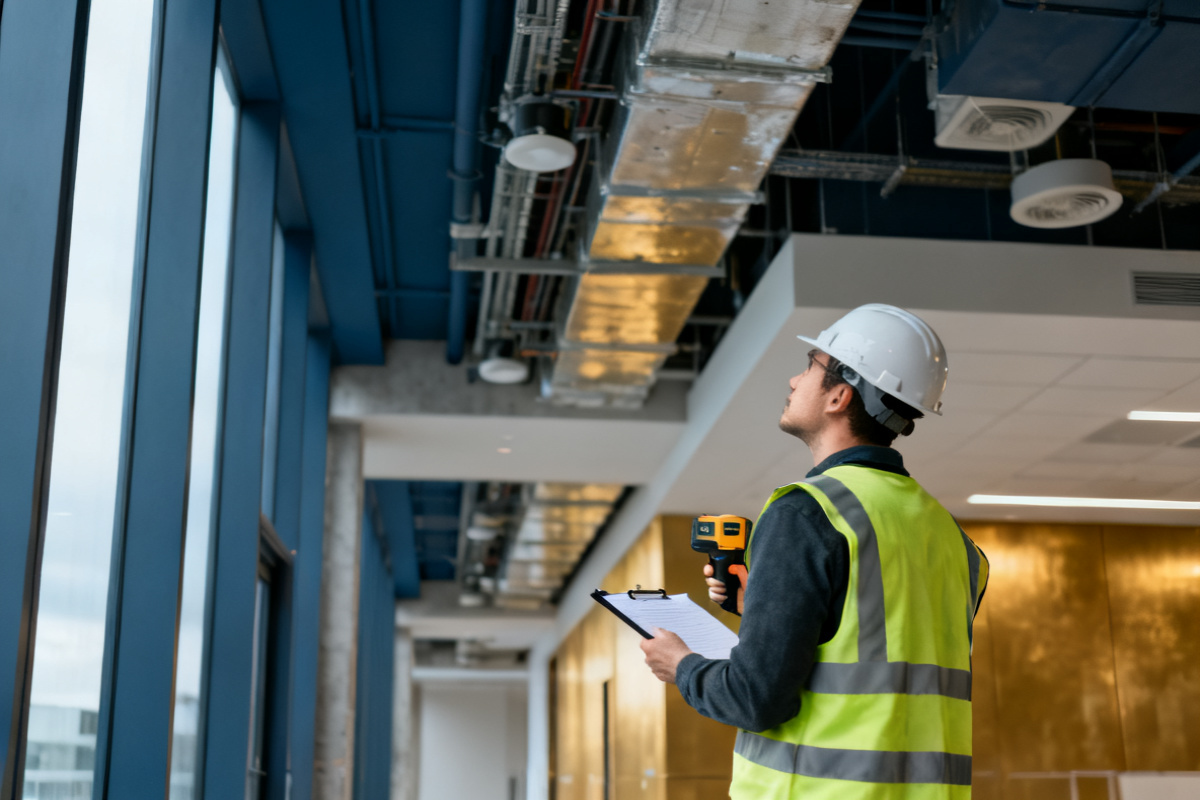 A surveyor in a hi-vis vest recording plant inside a commercial building