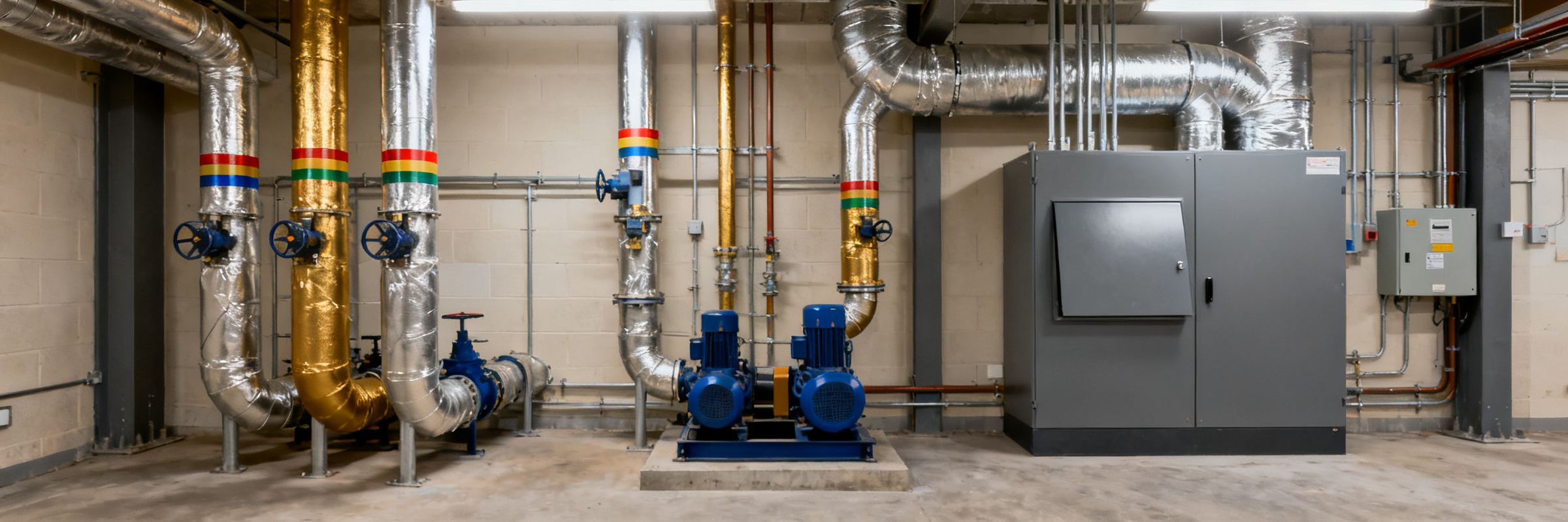 A commercial plant room: pipework, insulated ducting and an electrical distribution board