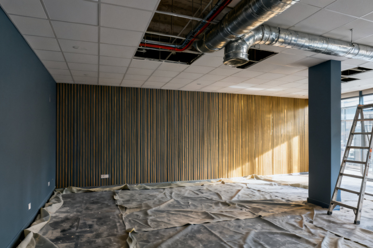 A commercial interior mid-refit with new ductwork above an open ceiling